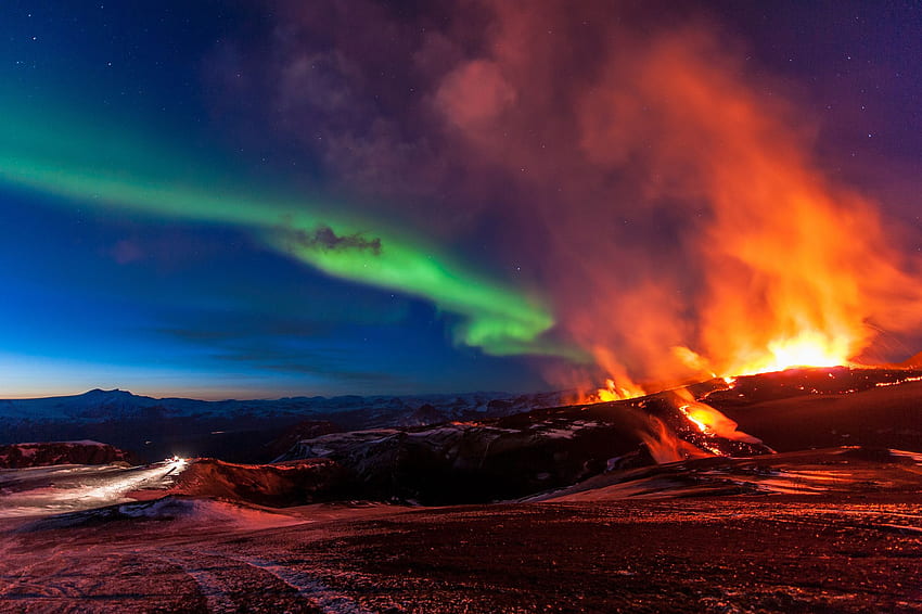 Islândia, Montanhas, Vulcânica, Erupção, Norte, Luzes, Vulcão papel de parede HD