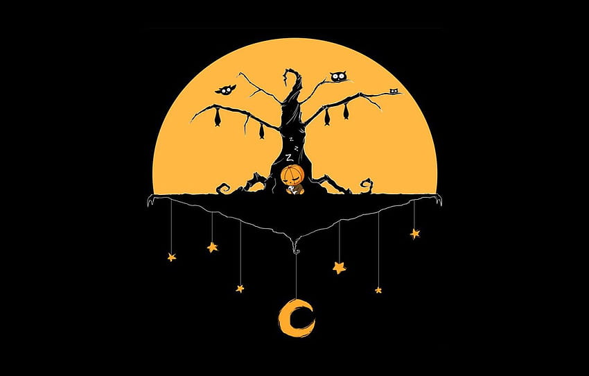 Halloween, moon, minimalism, stars, tree, baby, Minimalist Halloween HD wallpaper