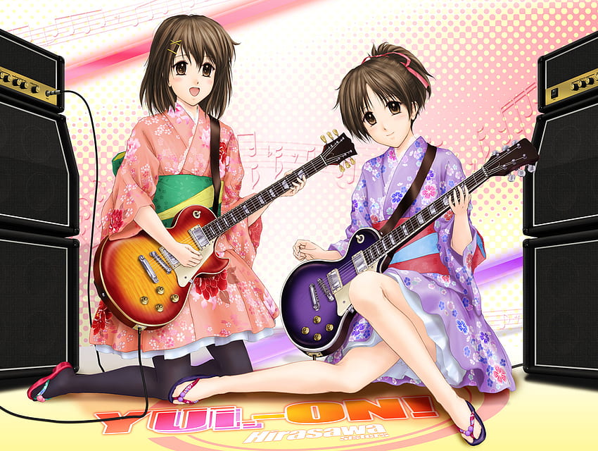 K-On!, Japanisch, Hirasawa, Kimono, Lautsprecher, Yui, Gitarre, schön, Kleid, traditionell, ui, 2d, cg, hübsch, cool, Mädchen HD-Hintergrundbild