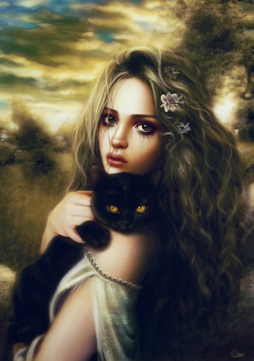 2d realismo retrato gato bruxa mulher menina linda fantasia. Papel de parede de celular HD