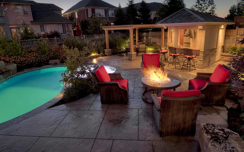 Terrace with Pool, chairs, pool, fire, terrace HD wallpaper