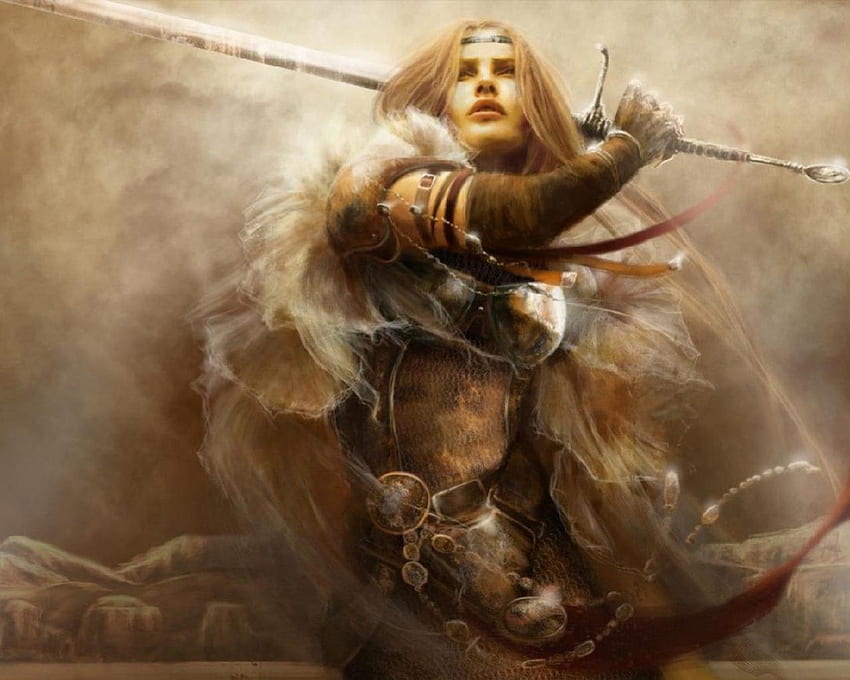 Prajurit Wanita, bulu, pedang, fantasi, wanita, prajurit Wallpaper HD