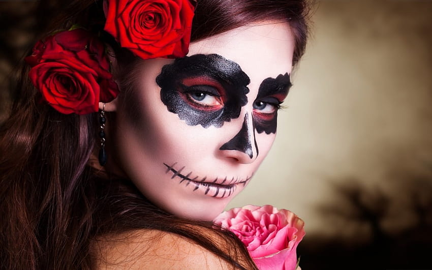 Halloween make-up, model, hallooween, girl, woman, rose, pink, flower, red, face, dia de los muertos HD wallpaper