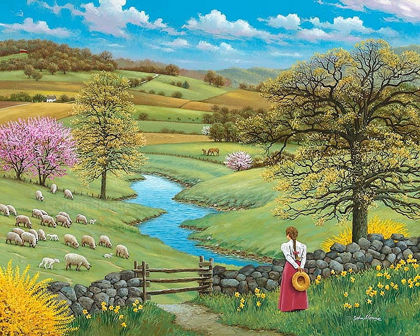 Feels Like Spring, river, meadows, landscape, girl, painting, sheep, fence, trees, blooming, sky HD wallpaper