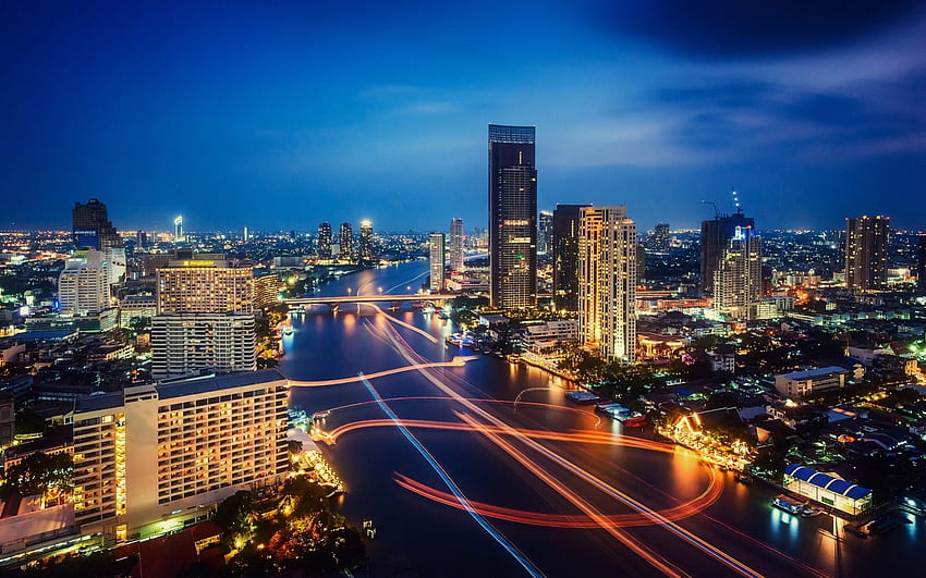 światła rzeczne w bangkoku w tajlandii, noc, rzeka, miasto, światła, most Tapeta HD
