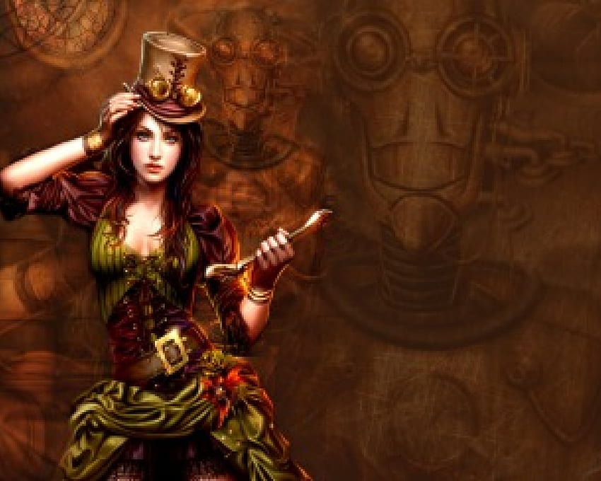 Steampunk-Frau, Roboter, Frau, Schraubenschlüssel, Zylinder HD-Hintergrundbild