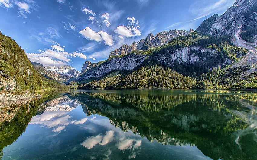Gosau Gölü, Avusturya, gökyüzü, su, yansımalar, bulutlar, alpler, dağlar HD duvar kağıdı