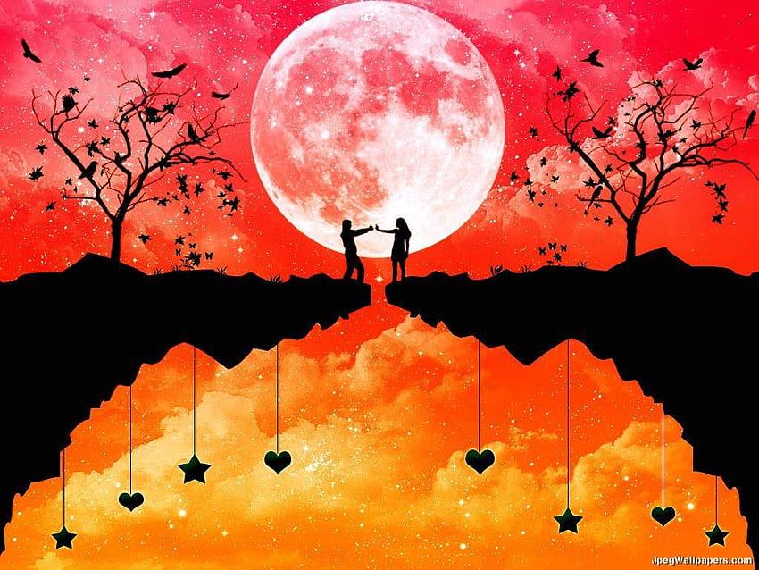 Love Bridge, man, stars, tree, woman, moon, red, couple, hearts, trees, sky HD wallpaper