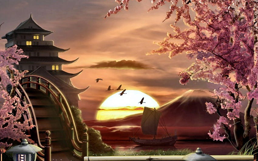 Oriental Sunset F2, artwork, computer graphics, wide screen, painting, art, illustration HD wallpaper