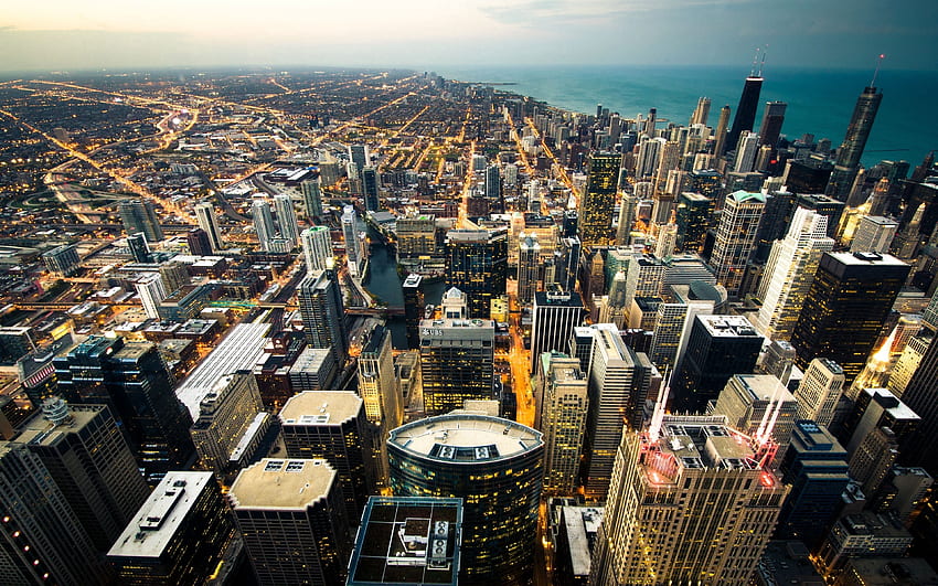 Città, città, luci, costa, panorama, Chicago Sfondo HD