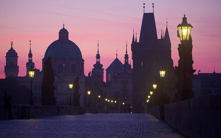 Prag'da Gün Doğumu, Çekya, köprü, Prag, Çekya, ışıklar, gündoğumu HD duvar kağıdı