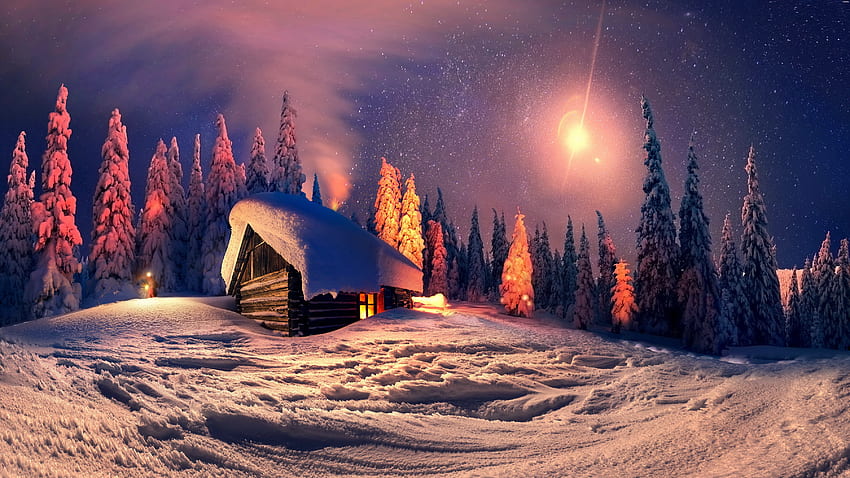 Wooden house in snowy mountain, wooden, night, mouintain, house, beautiful, star, hut, lights, snow, trees, cottage, forest, evening HD wallpaper