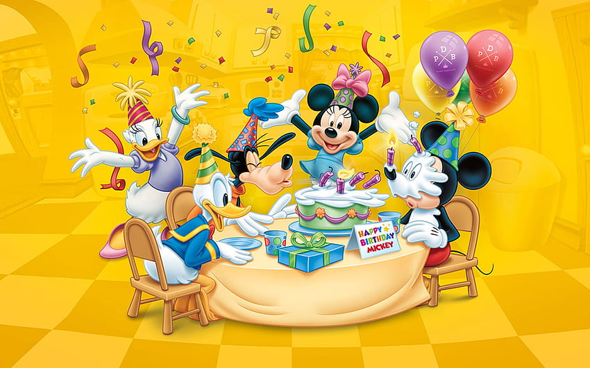 Happy Birtay!, minnie, impreza, myszka miki, głupkowaty, stokrotka, żółty, urodziny, balon, kaczor donald Tapeta HD