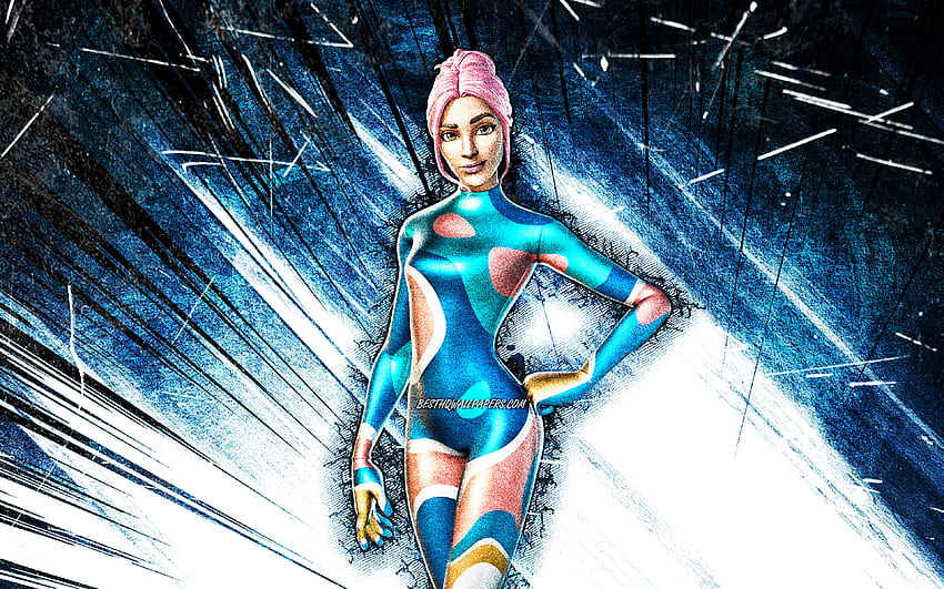 Party Diva, grunge art, Fortnite Battle Royale, Fortnite characters, Party Diva Skin, blue abstract rays, Fortnite, Party Diva Fortnite HD wallpaper