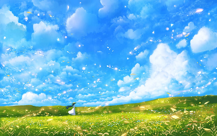 Аниме поляна - , Аниме поляна фон върху прилеп, аниме летен пейзаж HD тапет