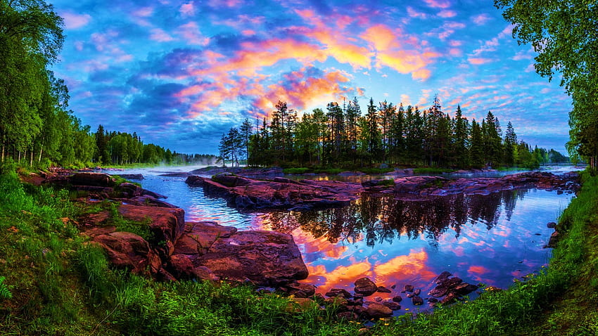 아침 Kiiminki 강, 핀란드, 색상, 나무, 덩어리, 하늘, 숲, 물, 일몰, 반사, 스칸디나비아 HD 월페이퍼