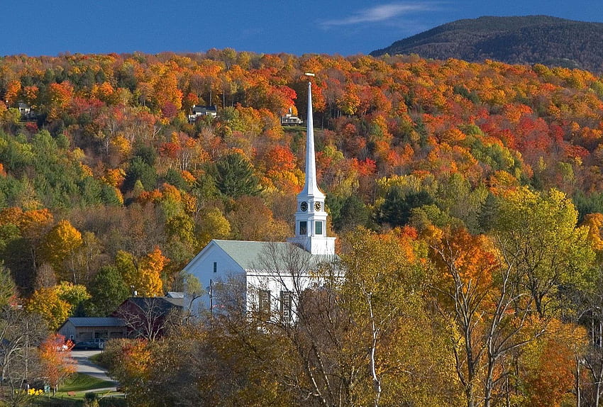 タグ : Church Stowe バーモント州の秋の塔の色, バーモント州の春 高画質の壁紙
