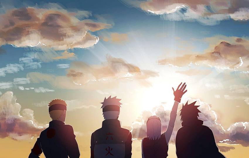 o sol, amanhecer, manhã, Naruto, equipe 7, Uchiha Sasuke, Hatake Kakashi, Haruno Sakura, Uzumaki Naruto, por Logll para , seção арт papel de parede HD