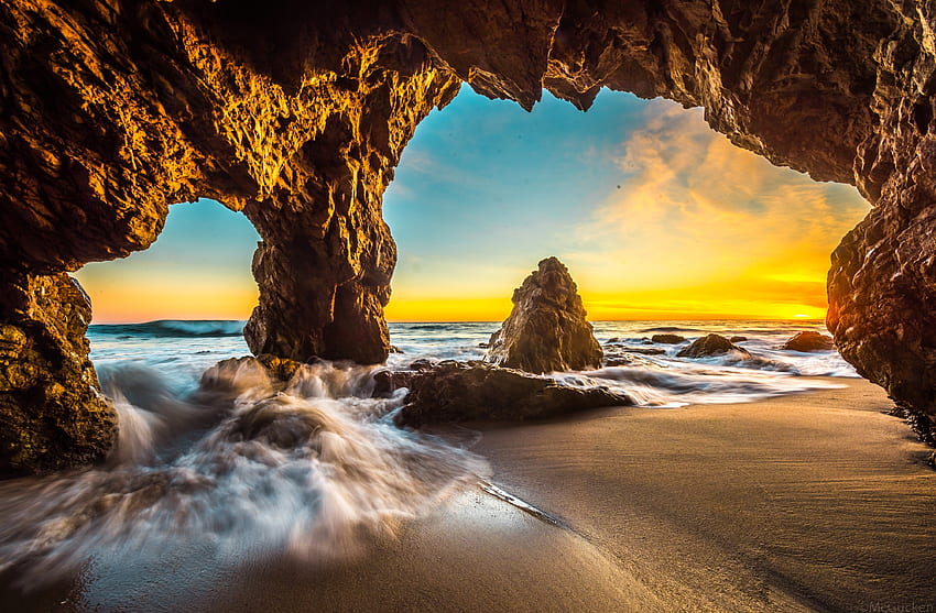 Côte, vagues de la mer, grotte, nature Fond d'écran HD