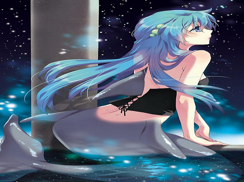 Mermaid, night, blue, orginal, fantasy, girl, long hair, tail HD wallpaper