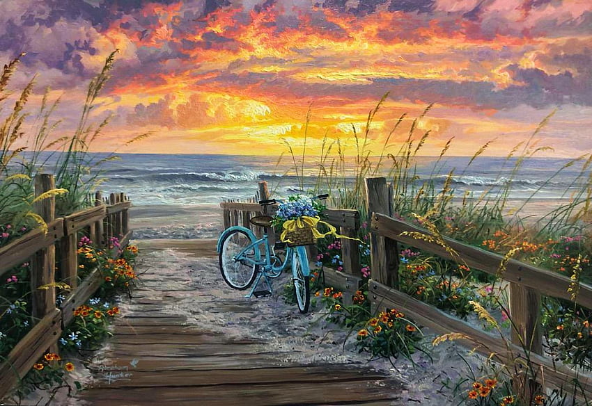 Morning Ride, morze, kolory, wschód słońca, plaża, dzieło sztuki, rower, malarstwo, chmury, niebo Tapeta HD