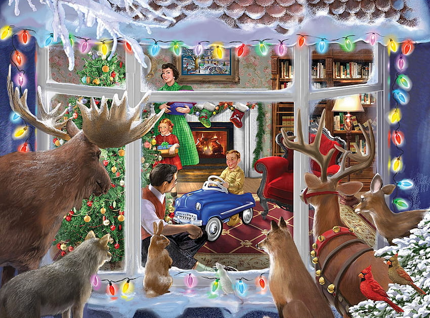 Pagi Natal, jendela, rusa kutub, mainan, salju, natal, lampu, api, pohon Wallpaper HD