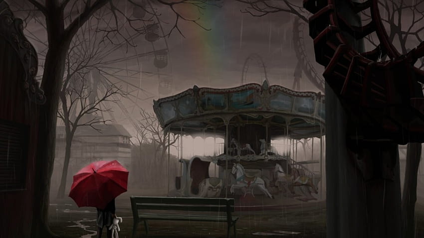 Carrousel, rain, roundabout, rabbit HD wallpaper