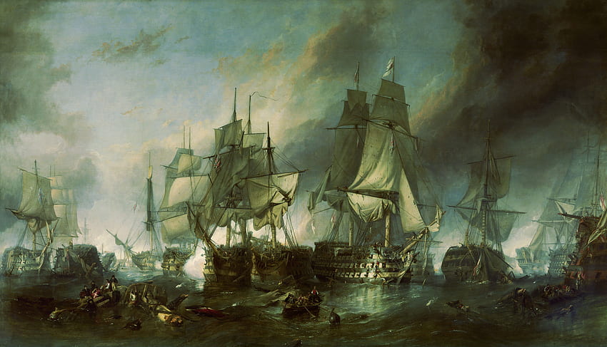 paintings, sea, battle, ships, pirates, The Battle of Trafalgar, William Clarkson Stanfield HD wallpaper