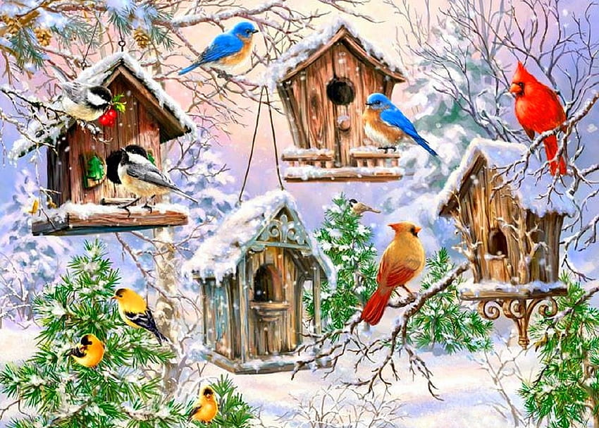 冬の巣箱、冬、休日、鳥、冬休み、夢の中のアトラクション、絵画、愛の四季、巣箱、クリスマス、動物、雪、クリスマス、正月 高画質の壁紙