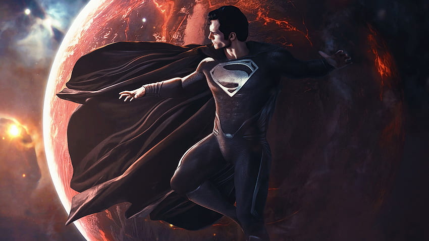 Супермен с черен костюм над земята Ultra HD тапет