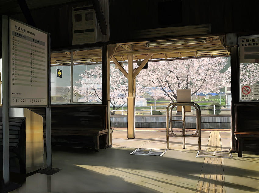 桜 さくら 日本の春 駅 風光明媚な、日本のアニメの風景 高画質の壁紙