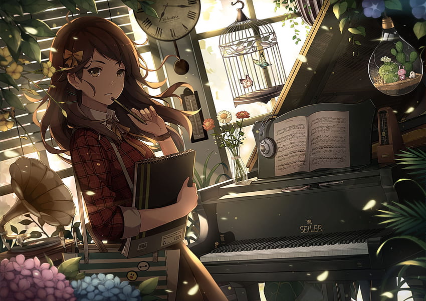 Piano, floral, long hair, dress, beauty, nice, lady, butterfly, petals, maiden, happy, female, instruments, blossom, sweet, smile, house, girl, beautiful, cage, anime girl, anime, pretty, flowers, lovely, flora, home HD wallpaper