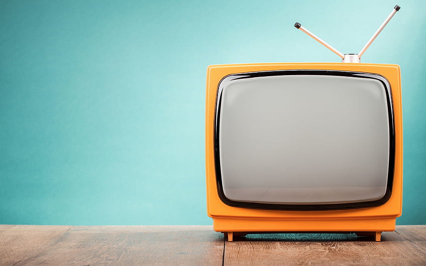 stary pomarańczowy telewizor, przedmioty retro, telewizor, stół, telewizor, stary telewizor Tapeta HD