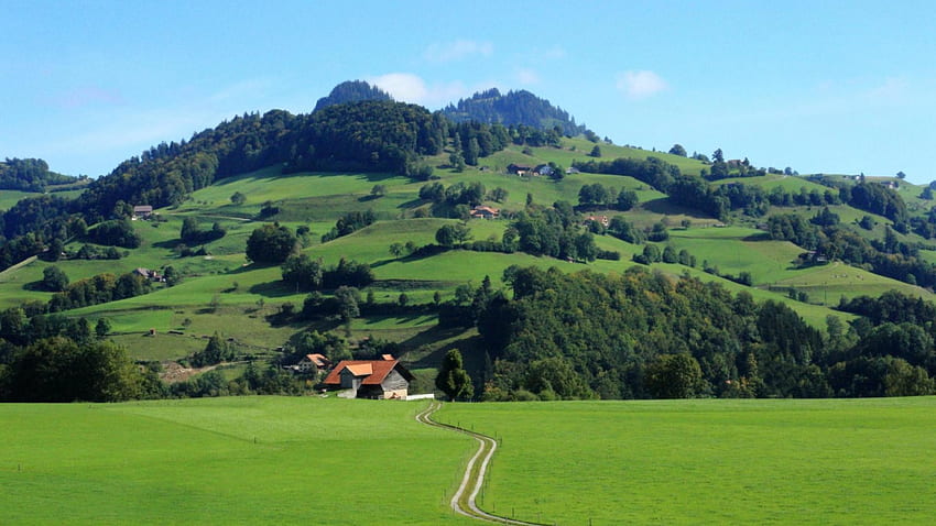 Bauernhöfe auf einem Hügel, Farmas, Felder, Straße, Hügel, Berg HD-Hintergrundbild