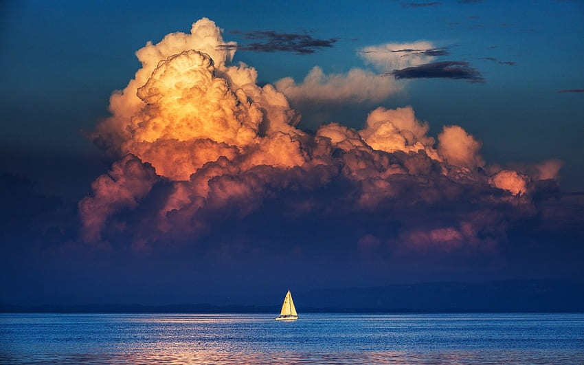 Sailboat, sea, horizon, shore, reflection HD wallpaper