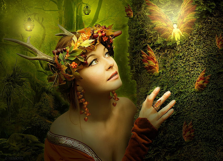 Forest creatures, fairy, fiendcute, fantasy, yellow, green, face, girl, forest, nymph HD wallpaper