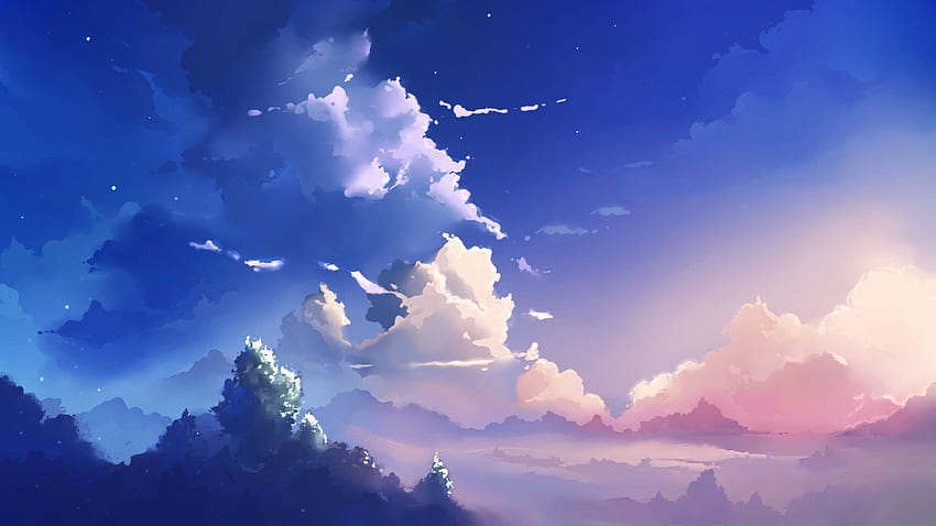 awan abu-abu dan putih, hutan di bawah langit mendung digital, Anime Damai Wallpaper HD
