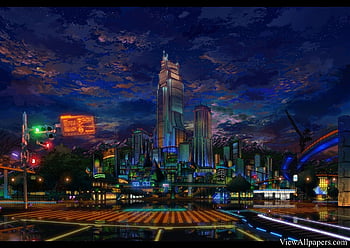 HD wallpaper alternate reality building reflection night view anime   Wallpaper Flare