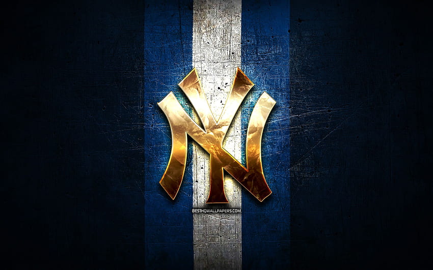 New York Yankees, Golden Logo, Mlb, Blue Metal Background - Emblem - HD wallpaper