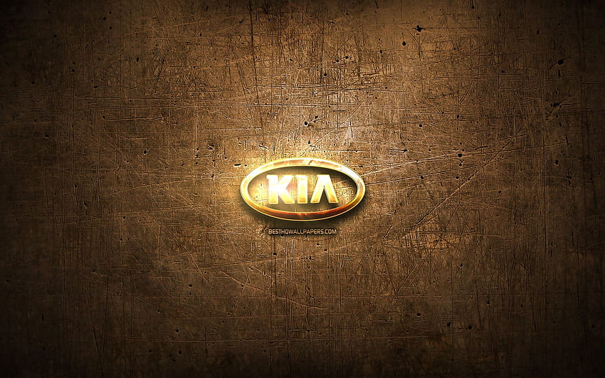 Logotipo dorado de KIA, marcas de automóviles, obras de arte, marrón fondo de pantalla