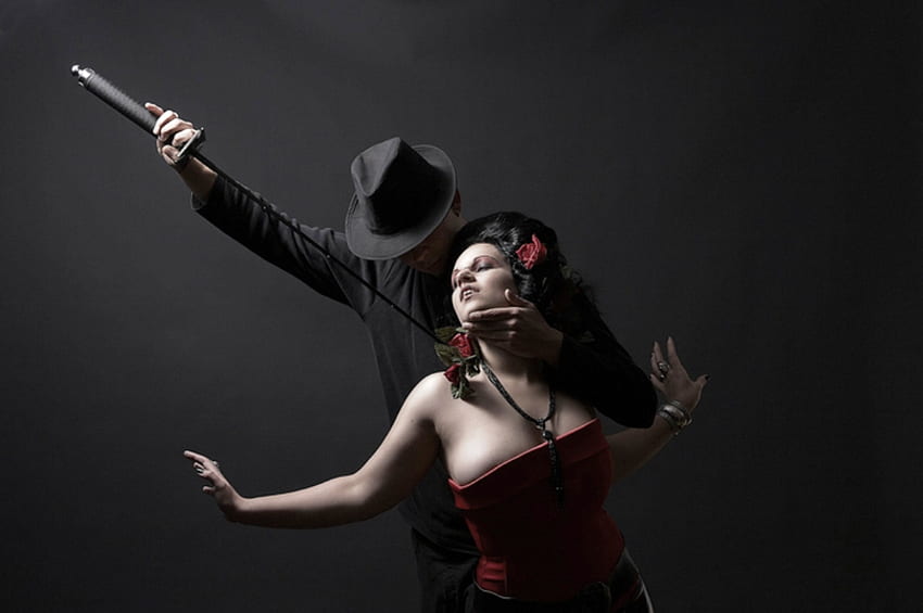 Passion, gothic, black, graphy, man, goth, woman, rose, abstract, hat HD wallpaper