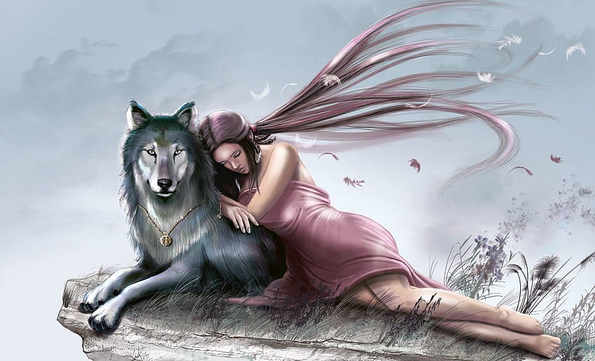 La niña y el lobo. Lobo de fantasía, Fantasía, Arte de fantasía, Hadas y lobos fondo de pantalla