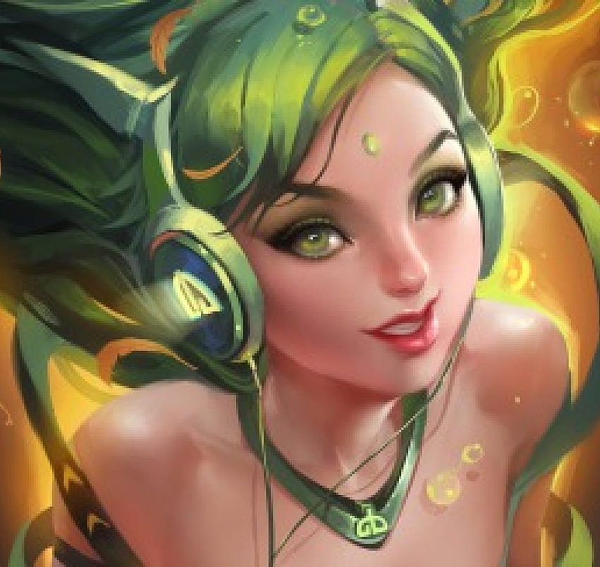 *Deviant Green Girl*, colors, digital art, dress, charm, lady, abstract, drawings, female, devious fun, other, paintings, beautiful, deviant girl, pretty, green, cool, face, girls, lovely, hair, headphone HD wallpaper