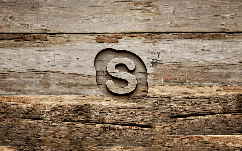 Logotipo de madeira do Skype, fundos de madeira, redes sociais, logotipo do Skype, criativo, escultura em madeira, Skype papel de parede HD