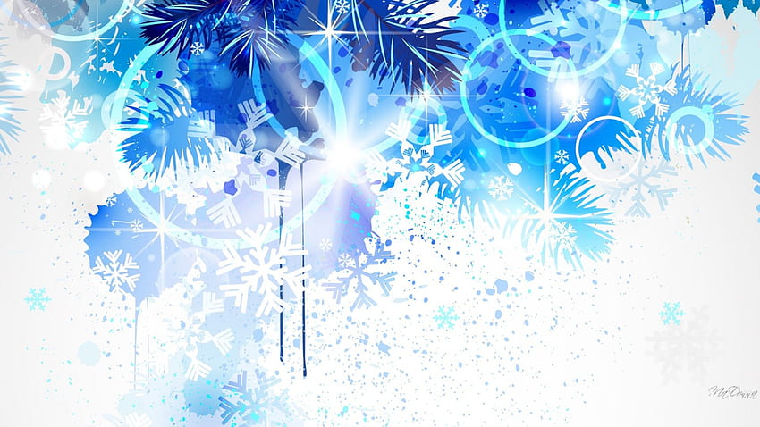 Winter Frost, blue, winter, stars, fir, tree, snowflakes, pine, abstract, Christmas, shine, bubbles HD wallpaper
