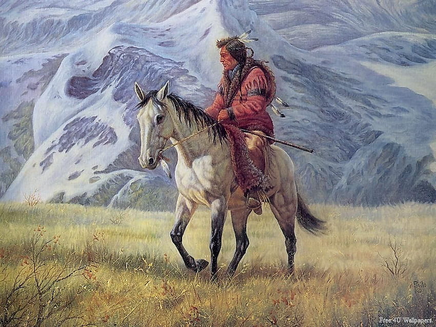 ネイティブ アメリカンの馬。 馬に乗ったインディアン、丘の雪、いいえ、ネイティブ アメリカン バッファロー 高画質の壁紙