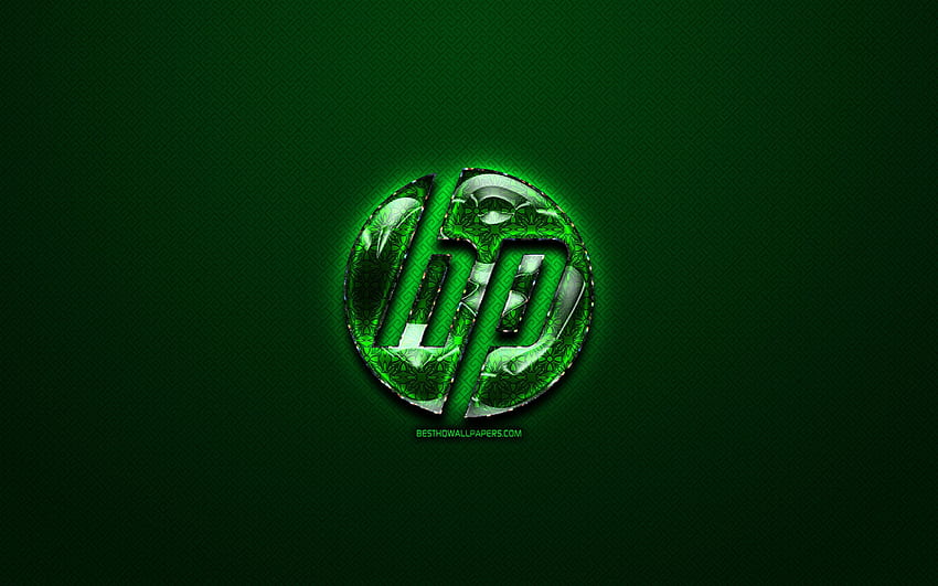 Зелено лого на HP, зелен ретро фон, произведения на изкуството, HP, Hewlett Packard, марки, лого на Google Glass, Creative, лого на HP за с разделителна способност. Високо качество, зелено лого на HP HD тапет