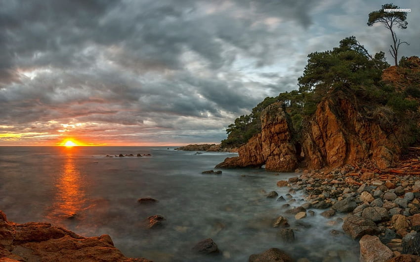 Coastal Sunset, sea, coast, clouds, trees, sky, nature, sun, sunset HD wallpaper