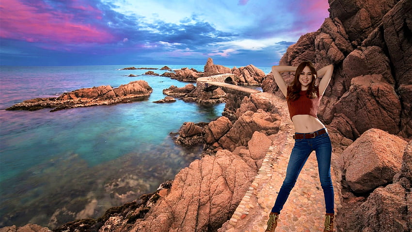 Riley Reid, model, brunette, bridge, sunset, jeans HD wallpaper