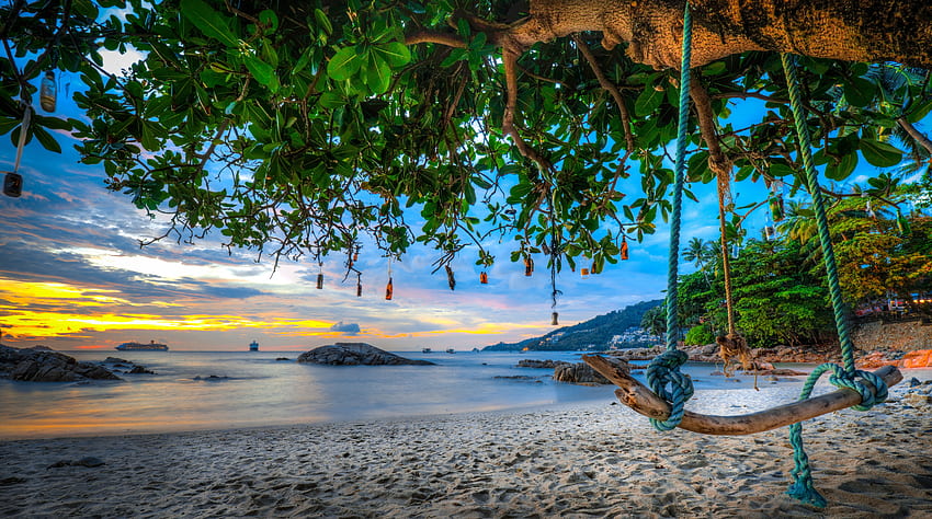 Thailand Beach, Beach, Sand, Trees, Sea, Swing HD wallpaper